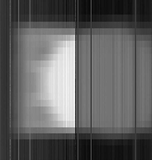 Image of the upper portion of the Warm Blackbody (WBB) showing the rectangular shroud aperture with the warmer WBB flange behind. The WBB flange becomes warmer towards the centre and the WBB aperture itself is within the white spot centred in the shroud aperture. The dark patches on the flange are bolt holes. The vertical stripes are bad pixels on this detector, the darker right half of the image is caused by missing data from every other pixel due to a missing ASIC in the front end electronics.