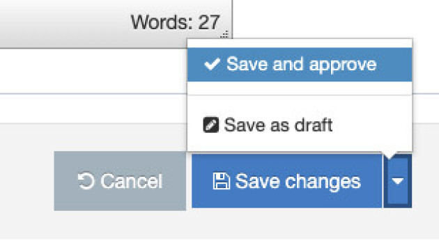 Content save options with Save and approve highlighted