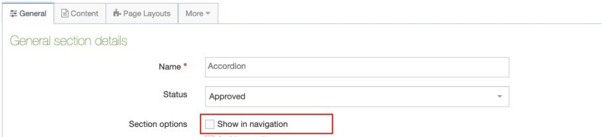 Edit section screen with the unticked 'Show in navigation' option highlighted